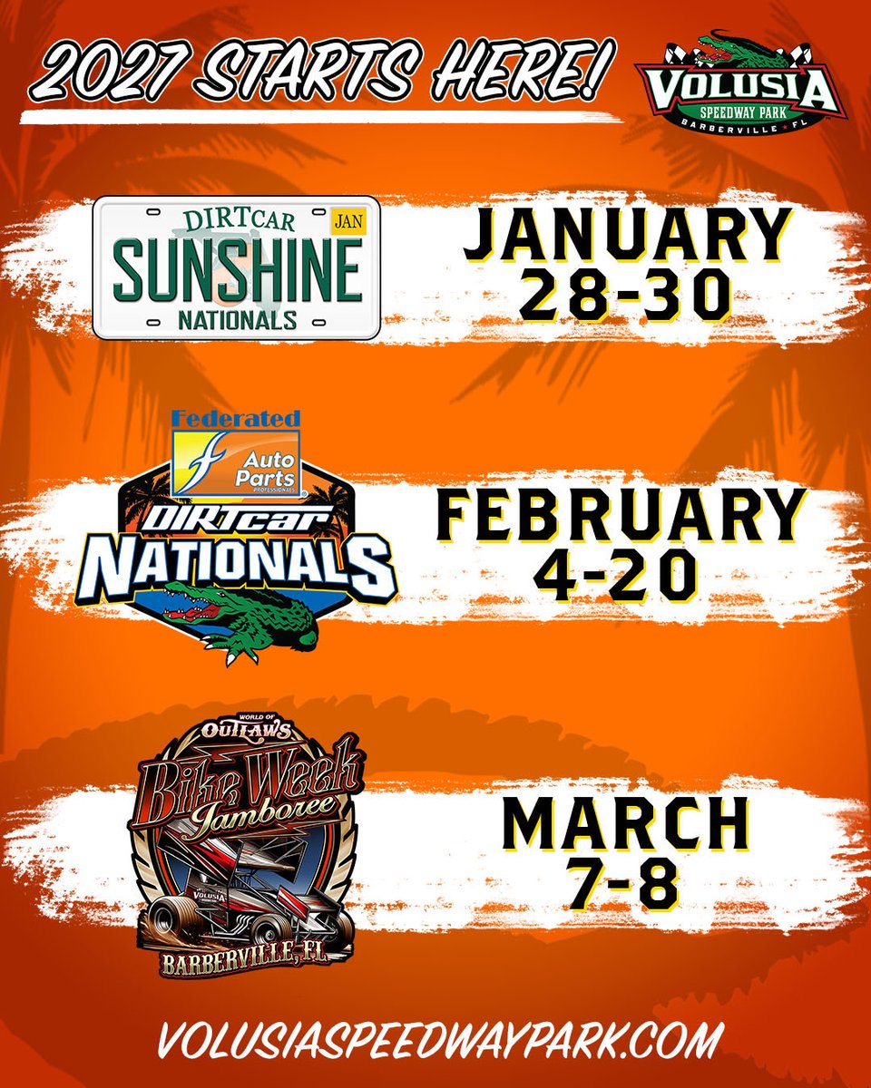 VolusiaSpeedway's tweet photo. @WorldofOutlaws @NosEnergyDrink @dirtvision Dates 🔒 https://t.co/2a13A7Qica