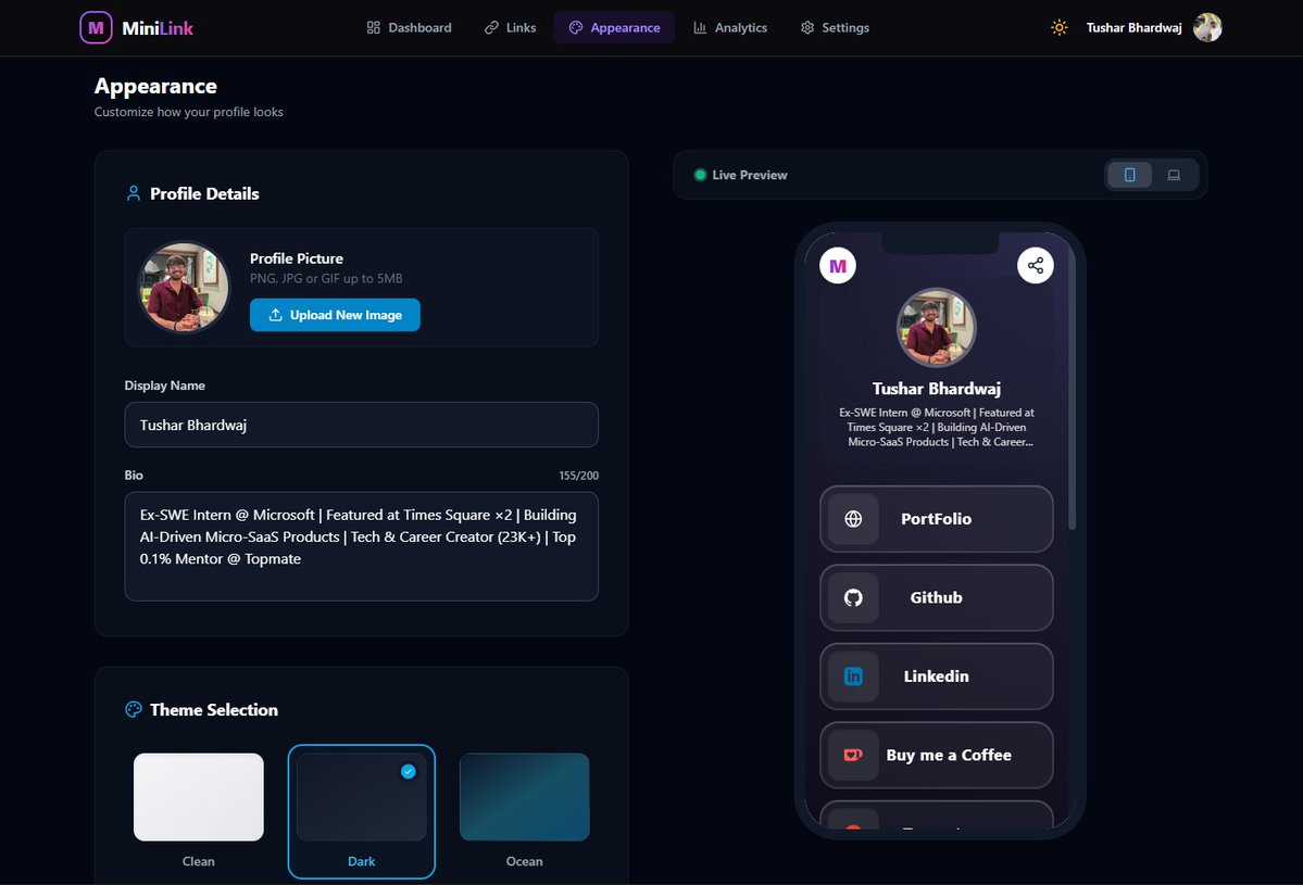 Developers are still using generic link-in-bio tools… why? 👀

MiniLink (50+ users already)

Free:
• Unlimited links
• Analytics
• 12+ themes
• Custom themes
• 17+ icons
• Custom usernames
No watermark. No hidden limits.

minianonlink.vercel.app

Reply with your MiniLink.