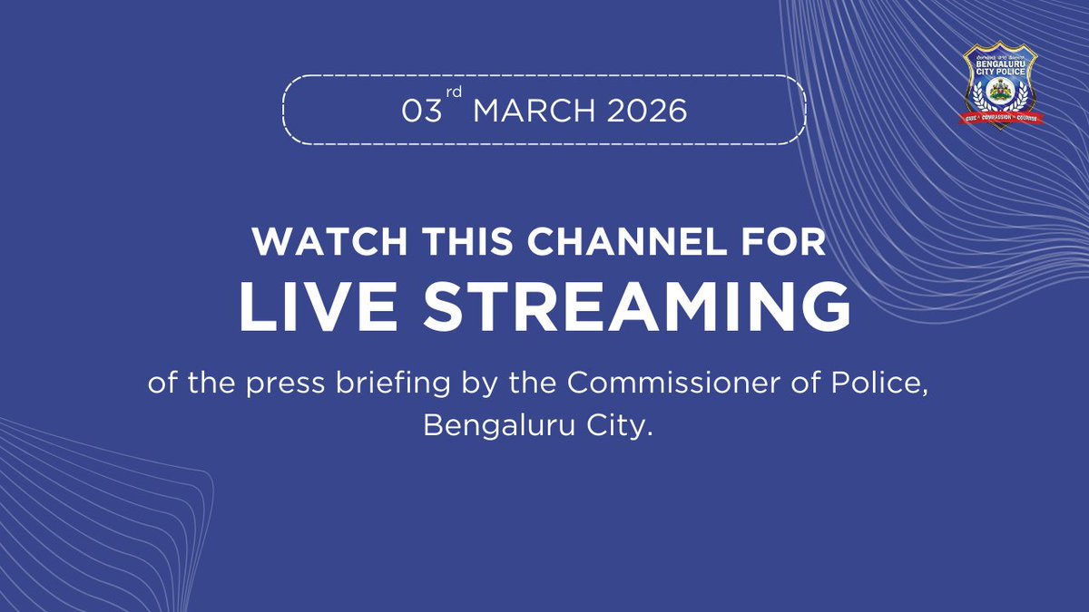 Join us LIVE at 11:00 AM on YouTube as Commissioner of Police, Bengaluru addresses key updates in today's press briefing.

Click the link below:
youtube.com/live/05HHaVPPs… 
<a href="/CPBlr/">CP Bengaluru ಪೊಲೀಸ್ ಆಯುಕ್ತ ಬೆಂಗಳೂರು</a> <a href="/seemantsingh96/">Seemant Kumar Singh IPS</a> <a href="/DgpKarnataka/">DGP KARNATAKA</a> <a href="/KarnatakaCops/">ಕರ್ನಾಟಕ ರಾಜ್ಯ ಪೊಲೀಸ್ Karnataka State Police</a>