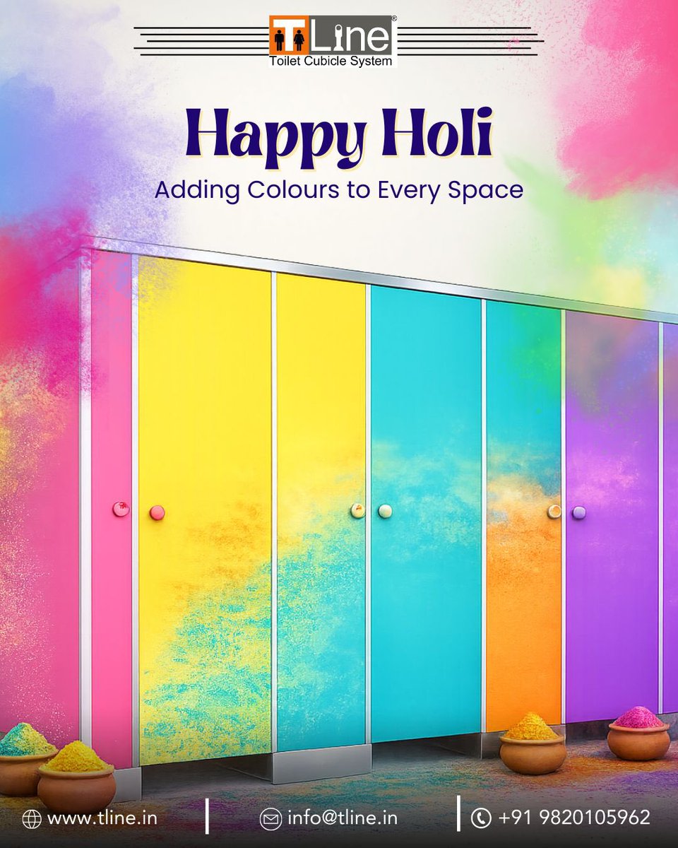 TLineinnerspace's tweet image. This Holi, let your spaces speak in colours.
Strong. Stylish. Hygienic.

T-Line | Toilet Cubicle System
Smart Design | Clean Aesthetics | Lasting Impressions
tline.in | info@tline.in

#TLine #ToiletCubicles #Holi
