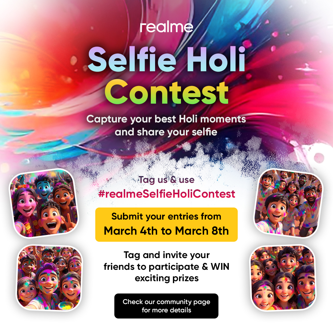 Holi. Selfie. WIN! 

Post your colorful selfie with #realmeSelfieHoliContest

More ❤️ = More chances to win!

🥇 realme Pad (LTE)
🥈 Selfie Tripod
🥉 Motion Activated Night Light

More Details 👉 realme.in/realme-Selfie-…

#realmeSelfieHoliContest #FunWithrealme