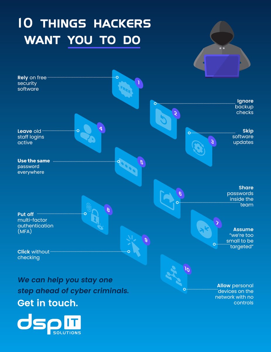 DSPElectronics's tweet photo. Do you know how to stay one step ahead of cyber criminals? See our Infographic below to learn what the 10 things are that hackers want you to do, so you know what NOT to do!

#Cybercriminals #WeAreDSPIT https://t.co/Akad2v907G