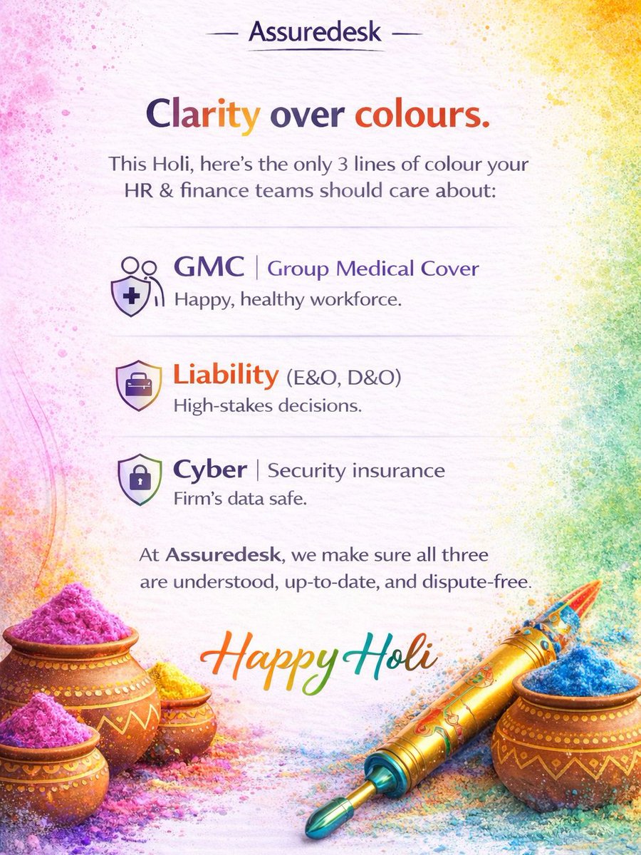 assuredesk's tweet image. Holi is for colours.
Insurance is for clarity.
This festive season, understand your policy before you depend on it. 🌸
#HoliHai #InsuranceAwareness #TrustBeforeClaim #Assuredesk #SecureLife #Holi2026 #Holi #holifestival #HoliCelebration #insurance