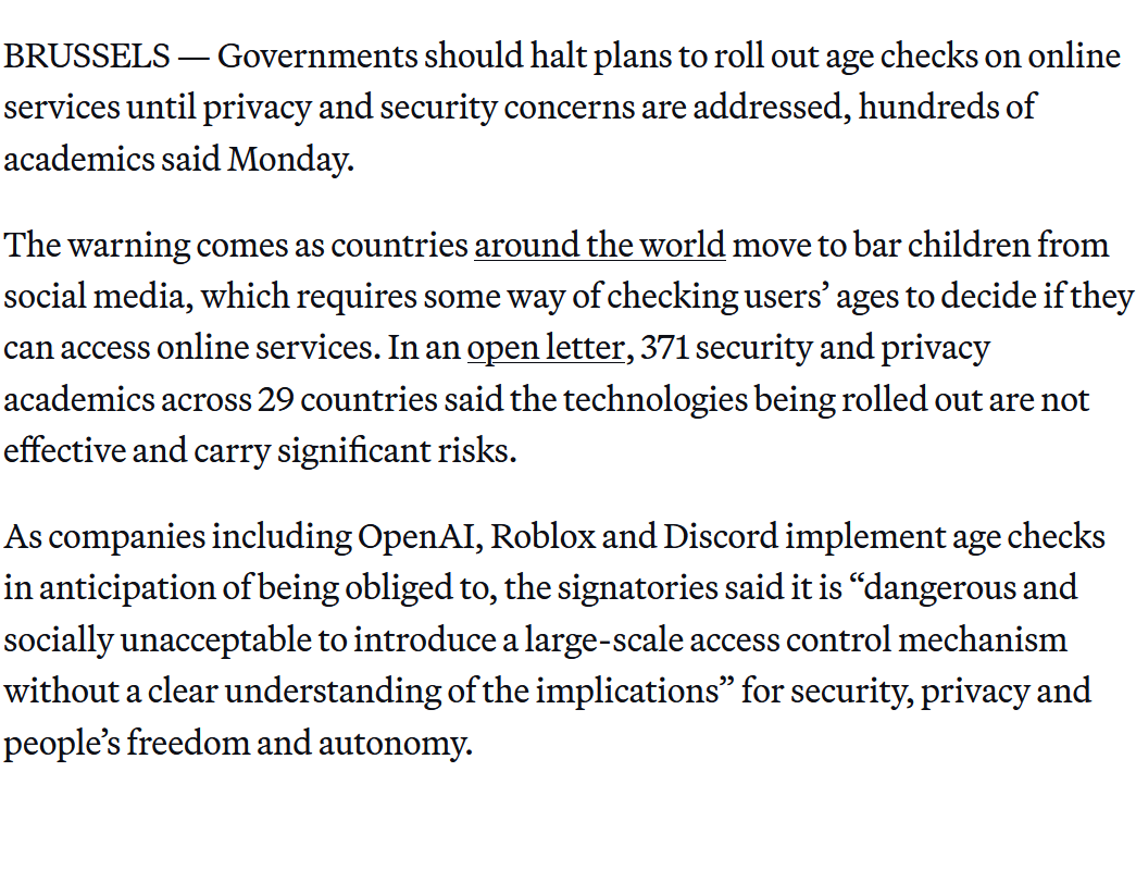Hundreds of security analysts across the world just wrote an open letter to the world's governments to stop age verification. Good to see people are fighting back!