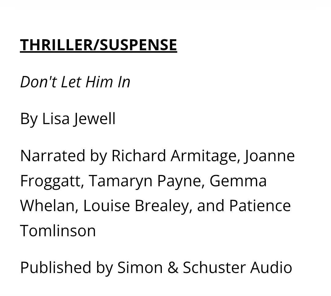 Congratulations to #LisaJewell and the voice cast of #DontLetMeIn audiobook for winning an #Audie2026 in Thriller/Suspence category #RichardArmitage 

audiopub.org/2026-audie-win…
