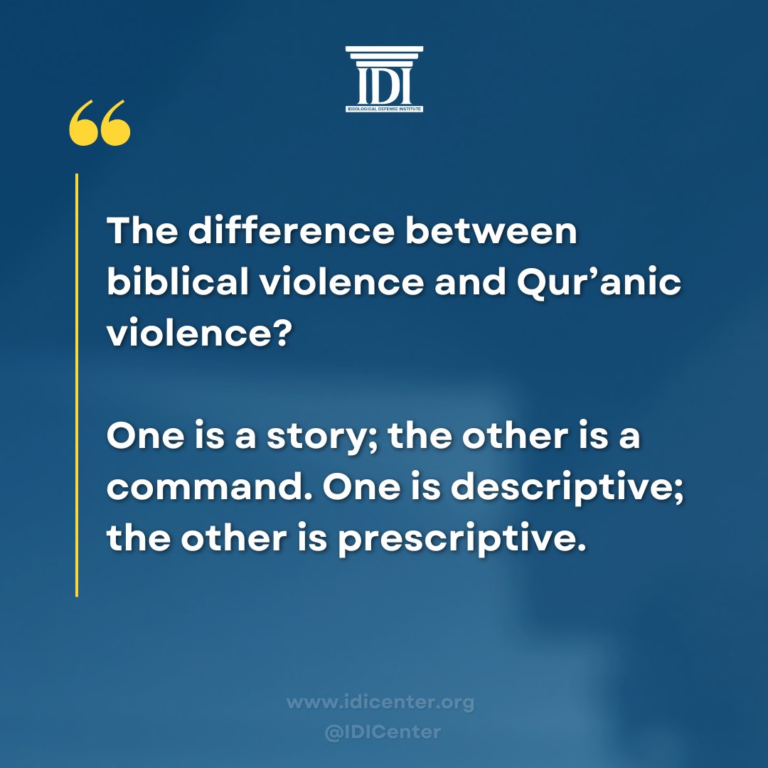 The difference between biblical violence and Qur’anic violence?

One is a story; the other is a command. One is descriptive; the other is prescriptive.
