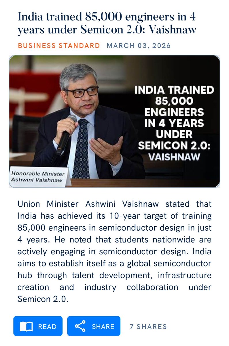 India trained 85,000 engineers in 4 years under Semicon 2.0: Vaishnaw 
business-standard.com/industry/news/…