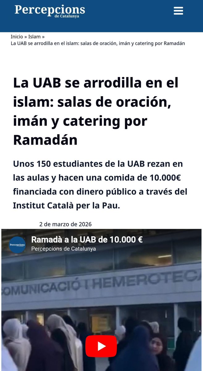 La UAB no tenía suficiente con convertir el campus en un nido de separatistas y comunistas violentos: ahora también apuesta por islamizarlo.

Llevan años vetando nuestros actos en las aulas, pero ceden espacios para rezar el Corán con un imán salafista y segregar por sexos.