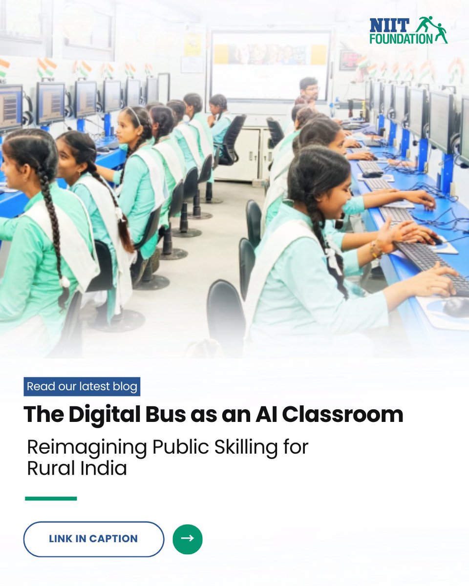 NIIT_Foundation's tweet photo. India’s AI push is ambitious. But can it reach villages without stable broadband or training centres?
The Digital Bus as an AI classroom offers a mobile, multilingual, infrastructure-resilient model for rural skilling.
Read More - https://t.co/xZgpR0mgCY
#DigitalBus #FutureReady #SkillingIndia #NIITFoundation