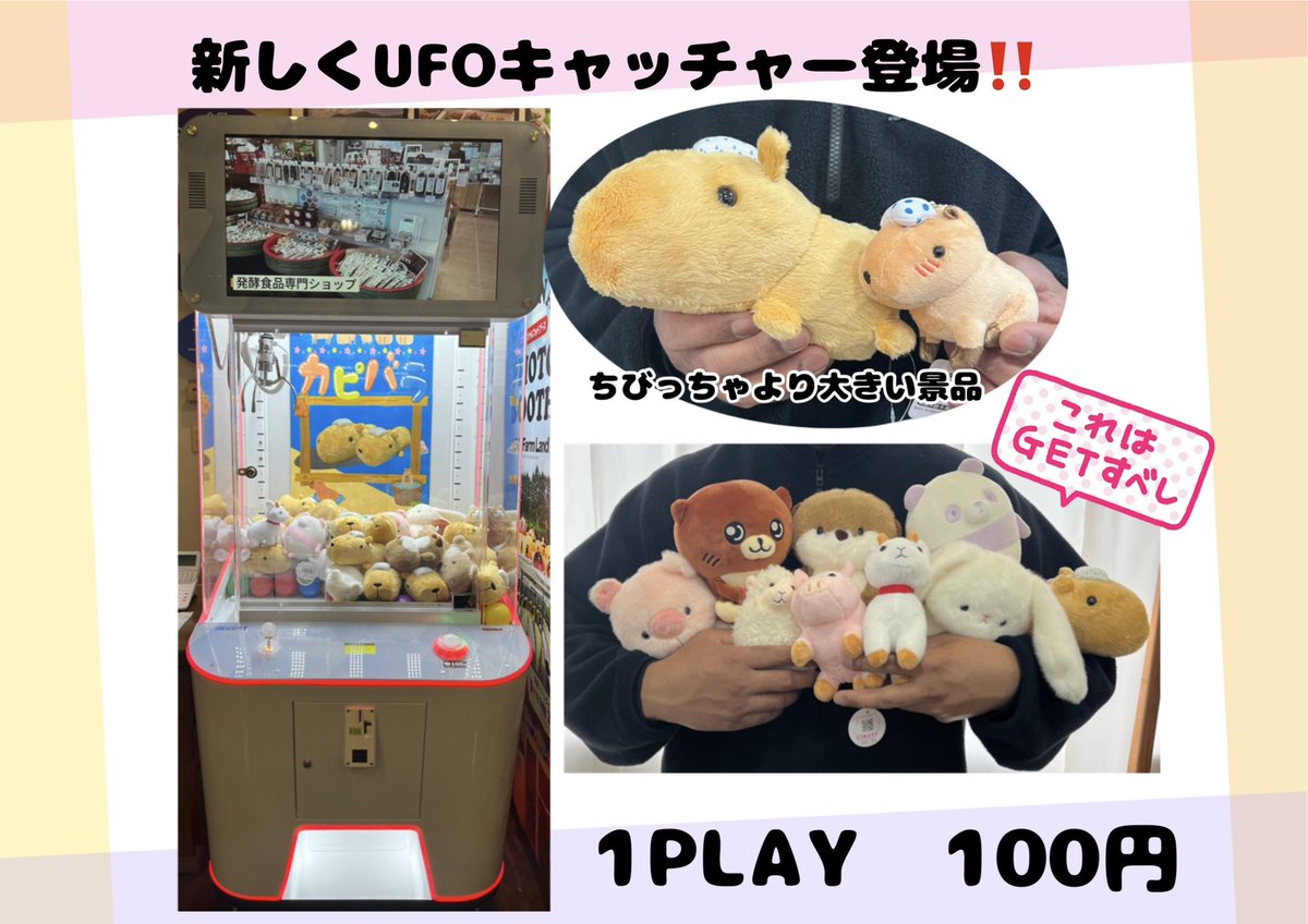 asofarmland_ofc's tweet photo. 新UFOキャッチャー登場‼️
\1 PLAY 100円/
ミルクファーム内に
新しく UFOキャッチャーを設置。
『ちびっちゃ（UFOキャッチャー）』より大きいぬいぐるみがGETできます🙌💕

UFOキャッチャーの上画面では阿蘇ファームランドの施設画像が流れます。
待ち時間に、ぜひご覧ください😆
#阿蘇ファームランド https://t.co/LbeGUO5ZLm
