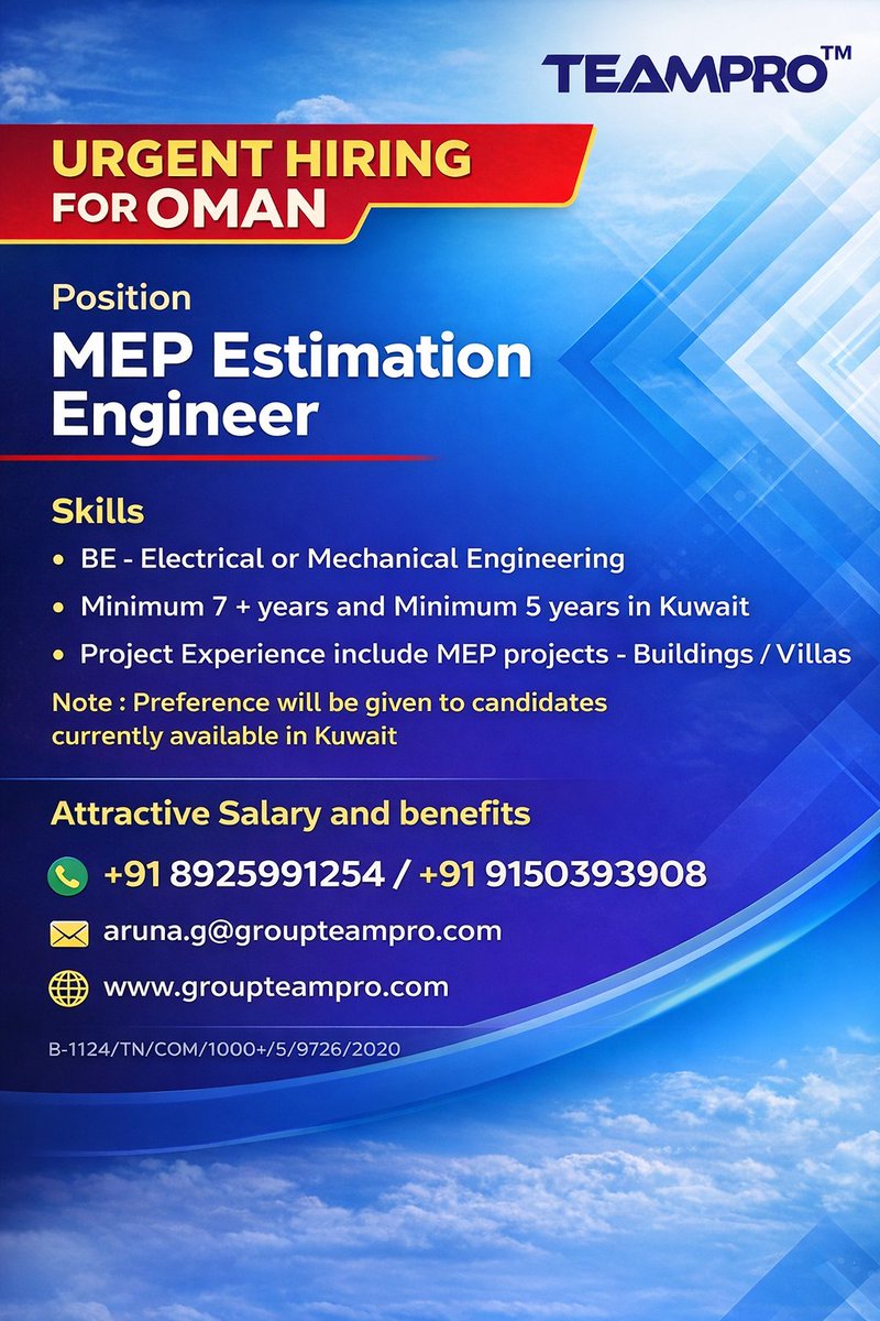 groupteampro's tweet photo. 🚨 Urgent Hiring – MEP Estimation Engineer | Oman 

📞 Contact: +91 89259 91254 / +91 9150393908

📧 aruna.g@groupteampro.com

#UrgentHiring #MEPEngineer #EstimationEngineer #OmanJobs #KuwaitJobs #MEPJobs #EngineeringJobs #ConstructionJobs #GulfJobs #JobsAbroad https://t.co/76eAucpesn