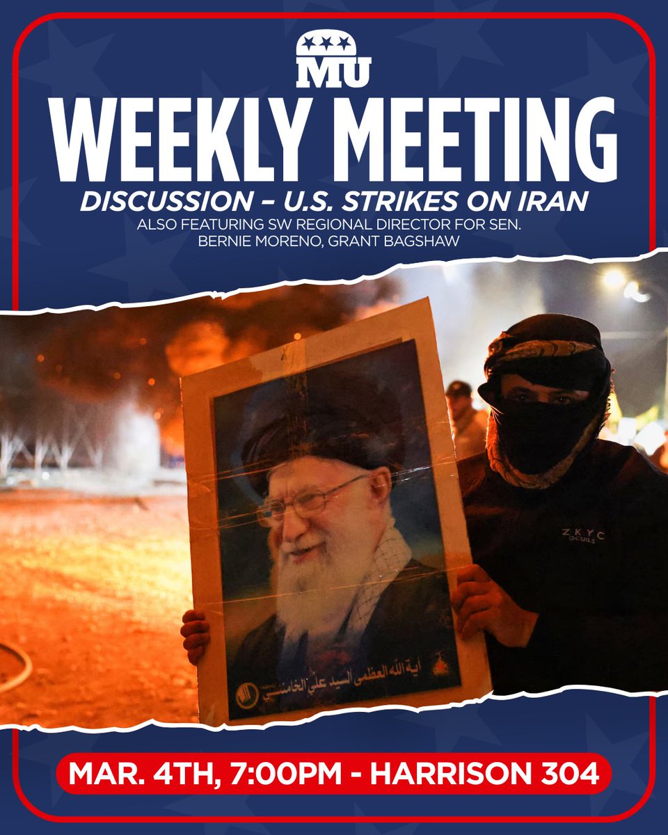 Join us this Wednesday for a discussion on the recent U.S. strike on Iran.
- 304 Harrison Hall
- 7:00-8:00 PM
We look forward to seeing you there! 🇺🇸