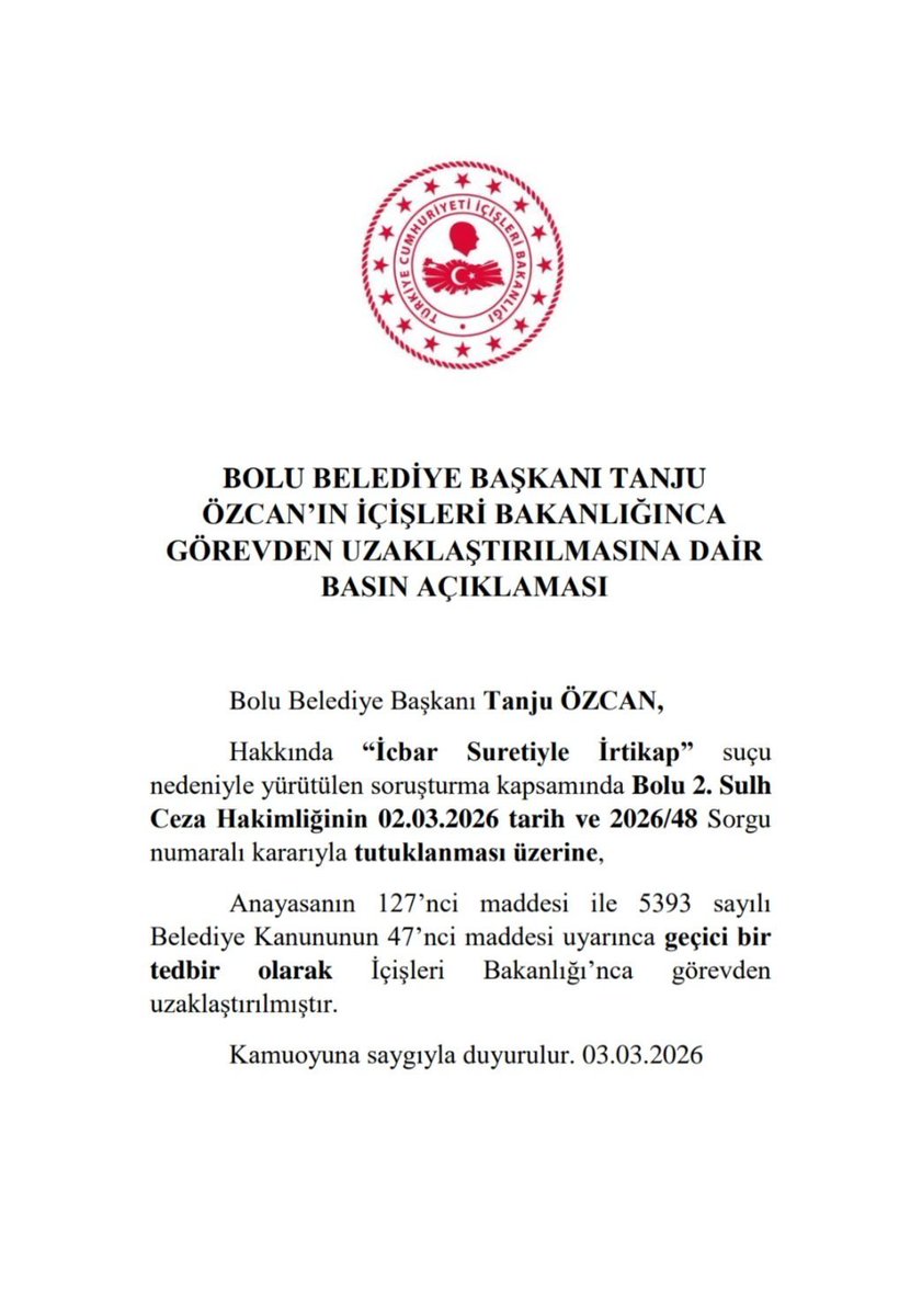 bosunatiklama's tweet photo. SON DAKİKA | Tanju Özcan, Bolu Belediye Başkanlığı görevinden uzaklaştırıldı. https://t.co/syGBWwlQxs