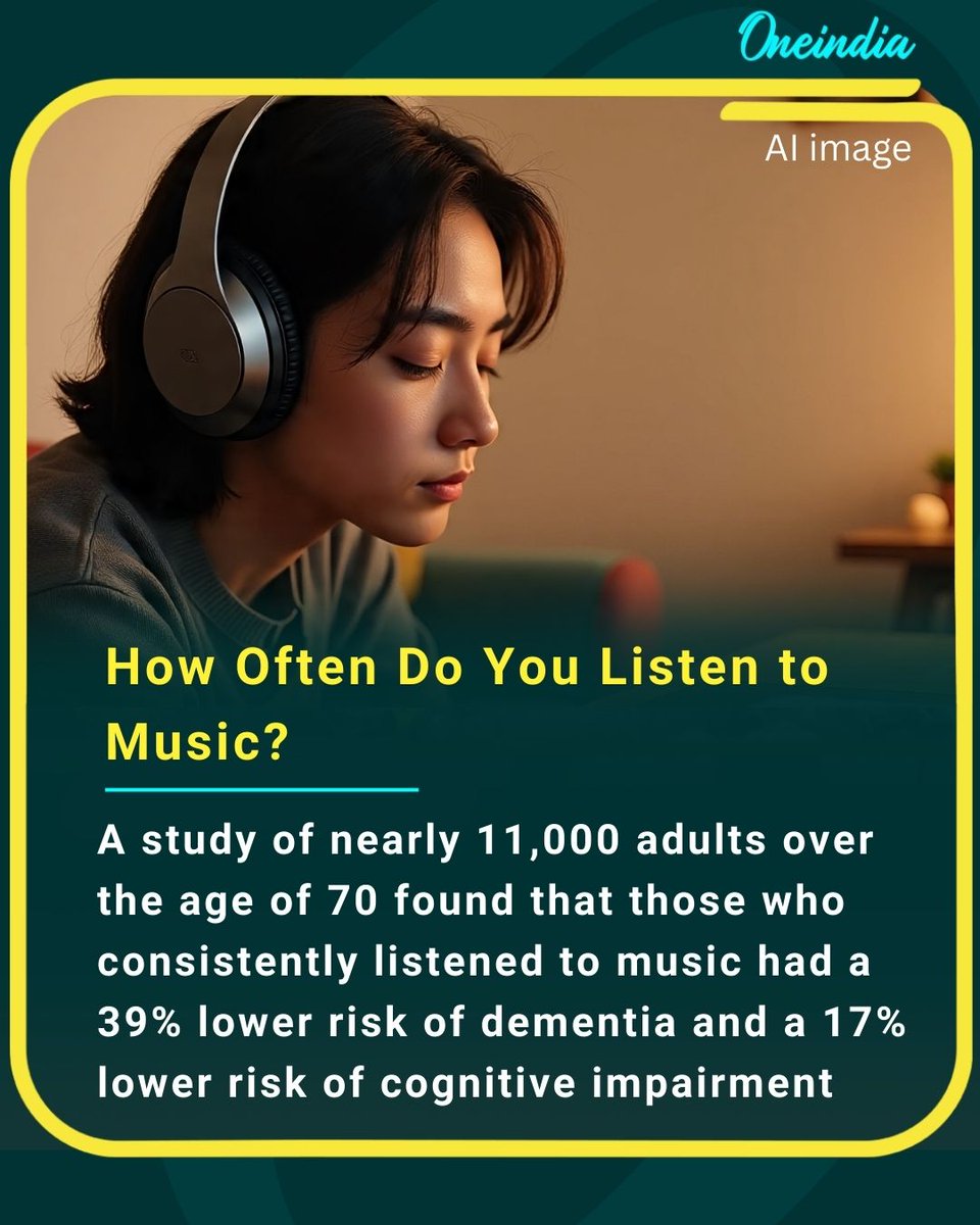Oneindia's tweet image. Maybe it’s time to press play a little more often — your brain might thank you later

#MusicForHealth #BrainBoost #DementiaAwareness #HealthyMind #CognitiveCare #offbeat #OI