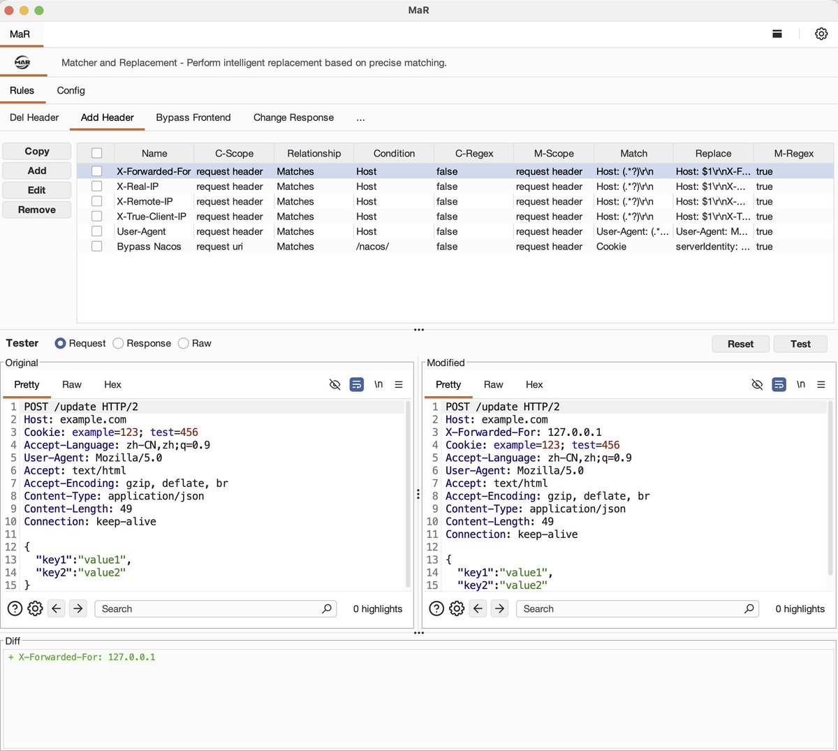 MaR (Matcher and Replacement) - a Burp Suite extension that auto-tampers HTTP requests &amp; responses when conditions match. Regex, 9 scopes, conditional triggers.

BurpSuite's Match and Replace, but on steroids: define a condition, set the scope, write the rule — it fires