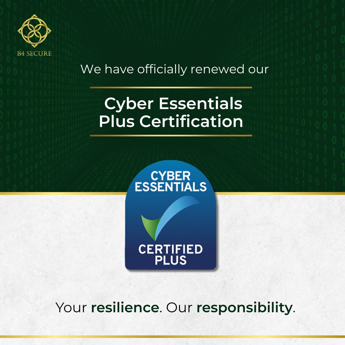 B4Secure's tweet photo. Our #CyberEssentialsPlus certification has been successfully renewed for 2026!

That continued verification ensures our controls remain effective &amp; aligned with the bespoke services we deliver in sensitive &amp; #highprofileenvironments.

To learn more, visit: https://t.co/caFIR0Myeb https://t.co/SPHQQ8OvZB