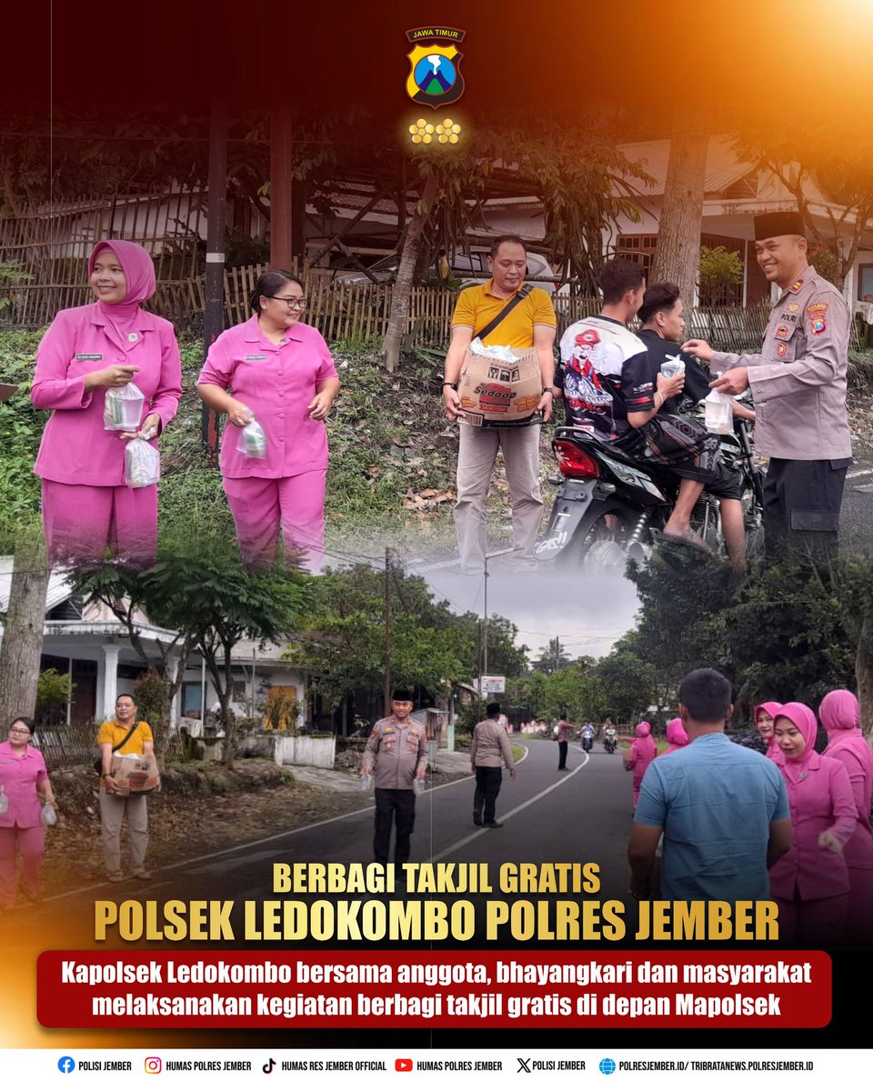Polsek Ledokombo Polres Jember bersama Bhayangkari melaksanakan kegiatan berbagi takjil gratis di bulan Ramadhan 1447 H kepada warga masyarakat di jalan depan Mapolsek Ledokombo.