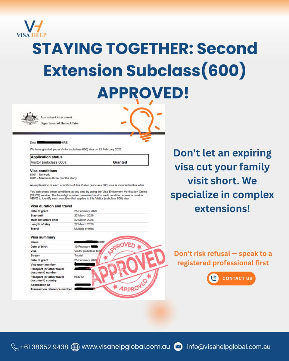 Visahelp_global's tweet image. Second extension Approved for Visitor Visa Subclass600 
Don't risk refusal contact us today 
📞 +61 370186527
📧 info@documentandtravelhelp.com.au
🌐 documentandtravelhelp.com.au
#documentandtravelhelp #visitorvisa600 #visitorvisa