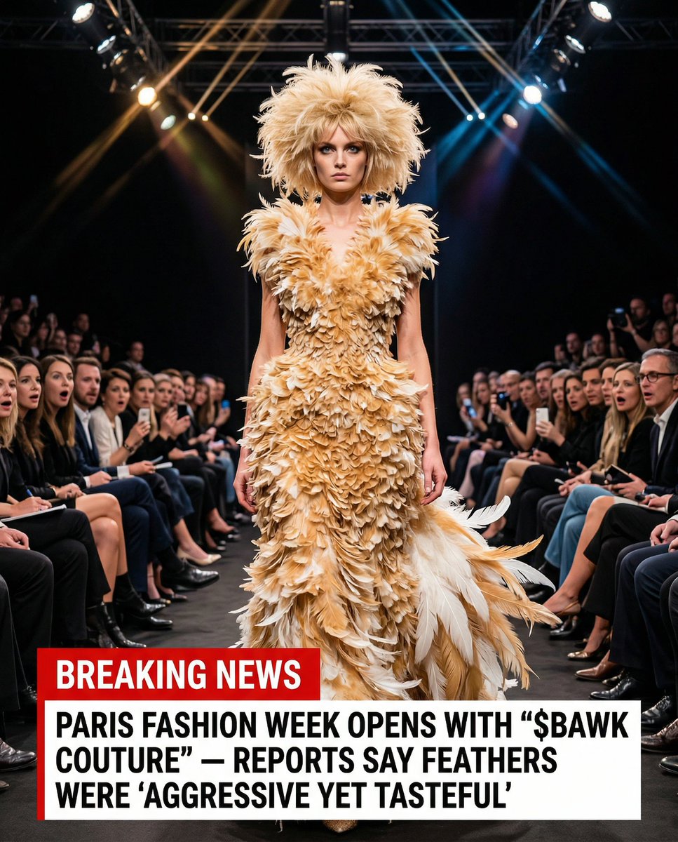 chickenbuysbawk's tweet photo. BREAKING NEWS: Chicken owns #ParisFashionWeek, FEATHERS EVERYWHERE.

#BAWK #satire #memecoin https://t.co/PdMgTM0X94