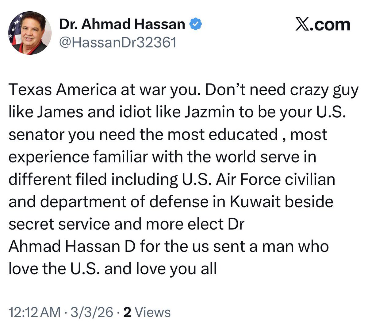 Ahmed Hassan’s (D) closing campaign message.

Texas primaries are today.
