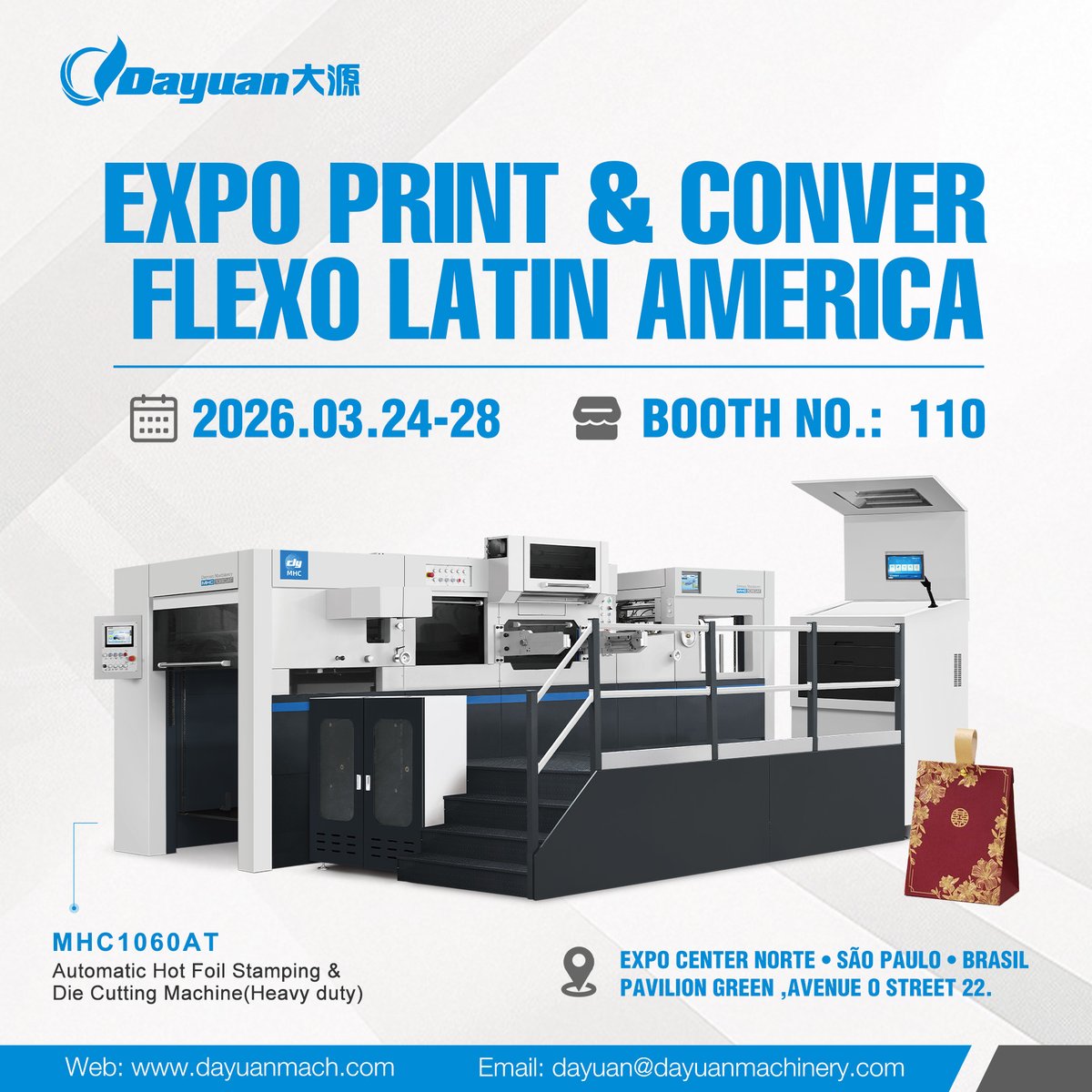 DayuanMachinery's tweet image. Meet the MHC1060AT at Expo Print &amp;amp; Conver Flexo Latin America! Our heavy-duty automatic hot foil stamping &amp;amp; die cutting machine delivers precision for high-volume packaging. Visit Booth 110, São Paulo, Mar 24-28. #PostPress #LATINAMERICA