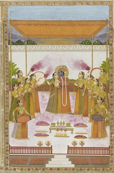 An Oudh painting of Krishna playing #Holi with Radhika and other gopis. 
(c. 19th century)
