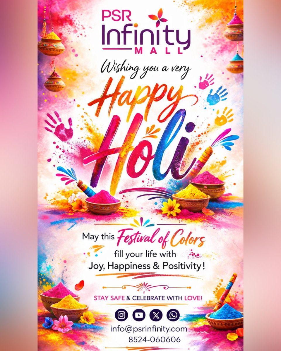 psrInfinity's tweet photo. May the vibrant colors of Holi fill your life with happiness, prosperity, and endless joy! 🎨✨
Celebrating the festival of colors with excitement and positivity at PSR Infinity Mall! 🌈💖
Happy Holi! 🌸
#PSRInfinityMall #HappyHoli #FestivalOfColors #HoliCelebrations #Warangal https://t.co/xQaZi5nyUa