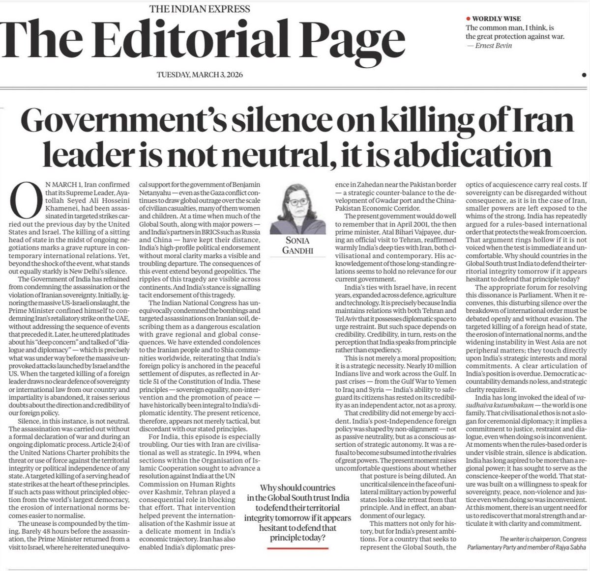 India has historically positioned itself as a principled voice for sovereignty, non-intervention, and a rules-based international order. However, the Government’s reluctance to clearly articulate its stance on the targeted killing of Iran’s top leadership is a departure from that