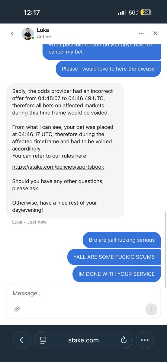 Once again stake is scamming , I took the Los Angeles Clippers when they were down 3 point for a 2.55x multi , the clippers went up 4 points and <a href="/Stake/">Stake.com</a> immediately cancelled my bet and this was this reason , can someone please point me to a lawyer that can help this is illegal