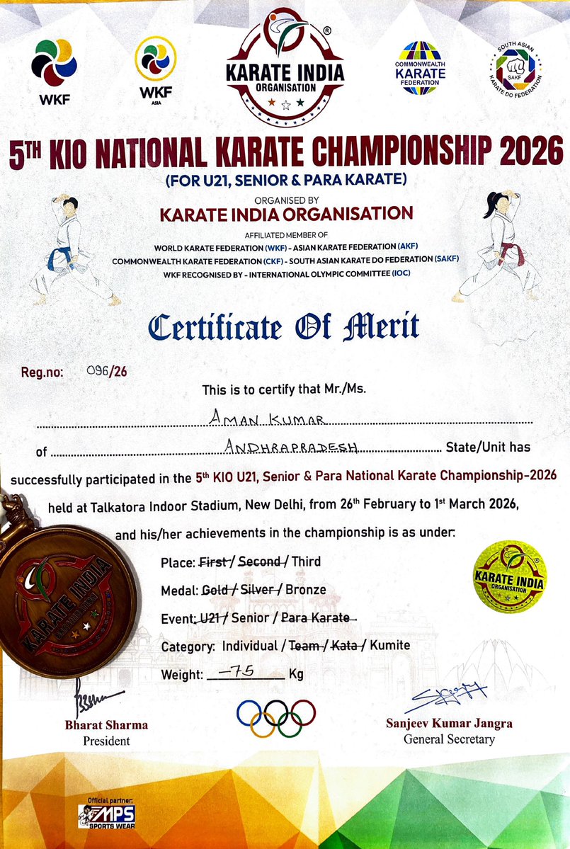 cgstbhopalzone's tweet photo. Shri Aman Kumar, Tax Assistant, posted at CGST Bhopal Commissionerate, wins BRONZE medal at the 5th Kio National Karate Championship, 2026, held in New Delhi from 26.02.2026 to 01.03.2026. CGST Bhopal Zone takes pride in this achievement! Heartiest Congratulations! https://t.co/l9iD1Dill6