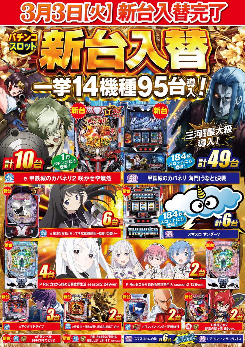 3月3日(火) 一挙14機種95台 新台導入！ 最新台に注目！！ なんと
