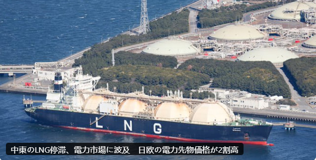 中東のLNG供給停滞、電力市場に波及　日欧の電力先物価格が2割上昇（日経）