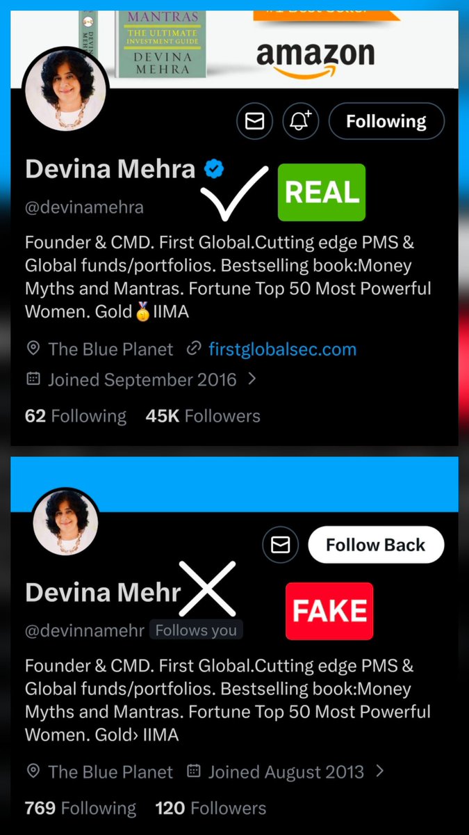 realvikramjain's tweet photo. For your attention @devinamehra

I recently watched your interview on @ZeeBusiness with @AnilSinghvi_  truly insightful and valuable.

I was surprised to see “you” follow me only to later realise it was a fake account - @devinnamehr.

Flagging this so others don’t get misled. https://t.co/Sysq5MFKyY