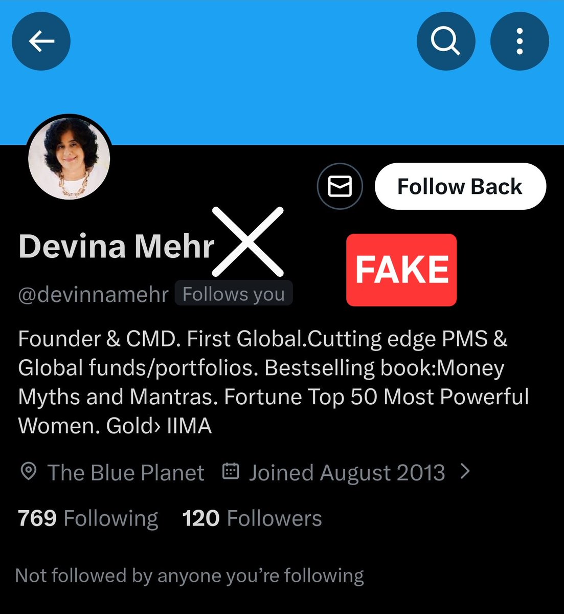 realvikramjain's tweet photo. For your attention @devinamehra

I recently watched your interview on @ZeeBusiness with @AnilSinghvi_  truly insightful and valuable.

I was surprised to see “you” follow me only to later realise it was a fake account - @devinnamehr.

Flagging this so others don’t get misled. https://t.co/Sysq5MFKyY