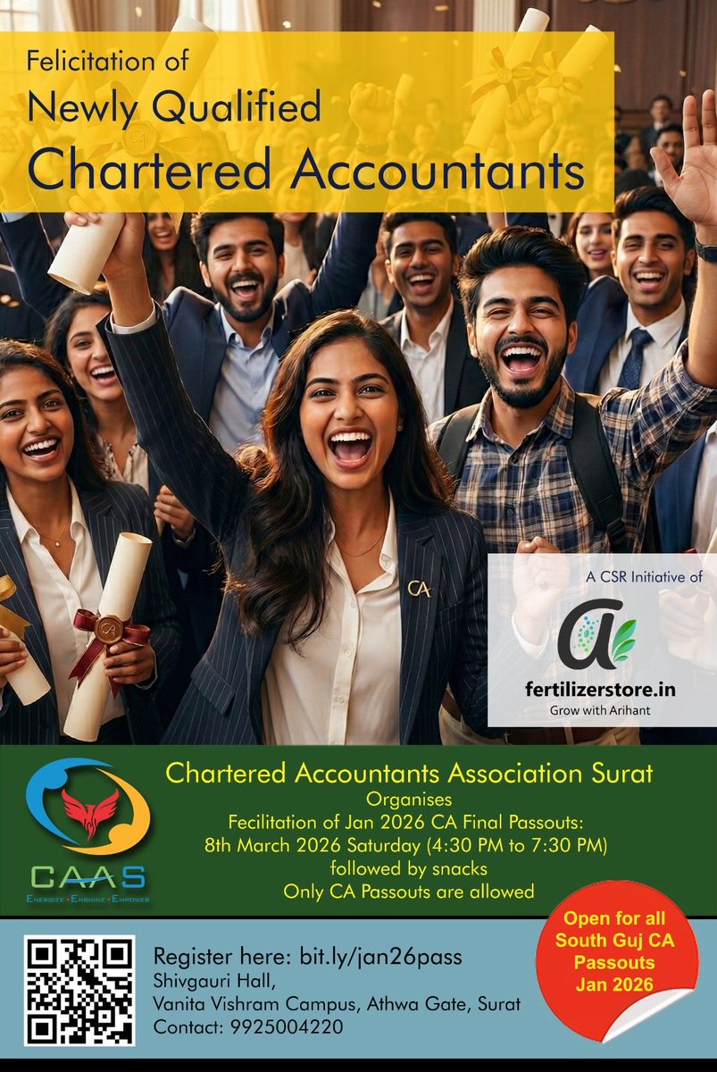 Arihant_fert's tweet photo. Heartiest congratulations to all the fresh ICAI CA Final January 2026 passouts!🏆.
This special event is proudly sponsored by Arihant Fertilizer Store (@arihant_fert - > https://t.co/myFHKY7R1d) as part of their CSR commitment.
#CAAS #SuratCAs #CAFinal #NewCAs #Felicitation https://t.co/L4rxGOuGRh
