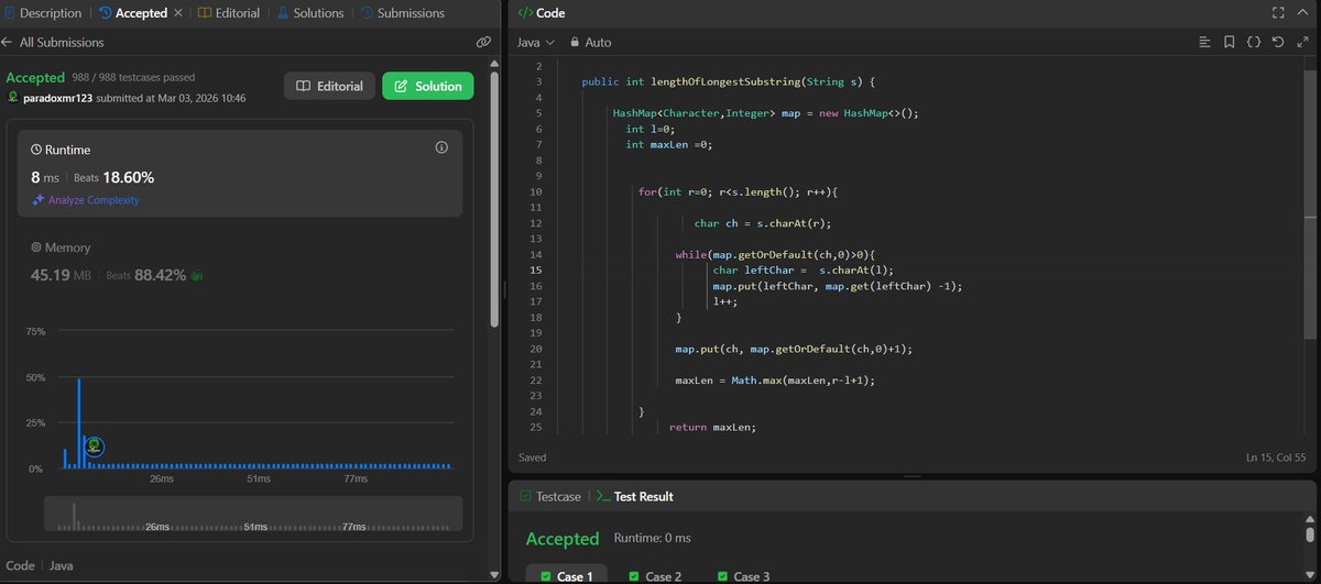 Nishant82407675's tweet image. 3. Longest Substring Without Repeating Characters

Sliding Window + HashMap.
Expand r, shrink l on duplicate.

Time: O(n)
Space: O(n)
Classic window pattern.

#DSA #SlidingWindow #Java #LearningInPublic #POTD