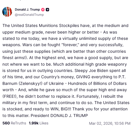 🇺🇸 | Donald Trump: 

"Las reservas de municiones de Estados Unidos, en el rango medio y medio-alto, nunca han sido tan altas ni mejores. Como me dijeron hoy, contamos con un suministro prácticamente ilimitado de estas armas. Se pueden librar guerras eternamente, y con mucho
