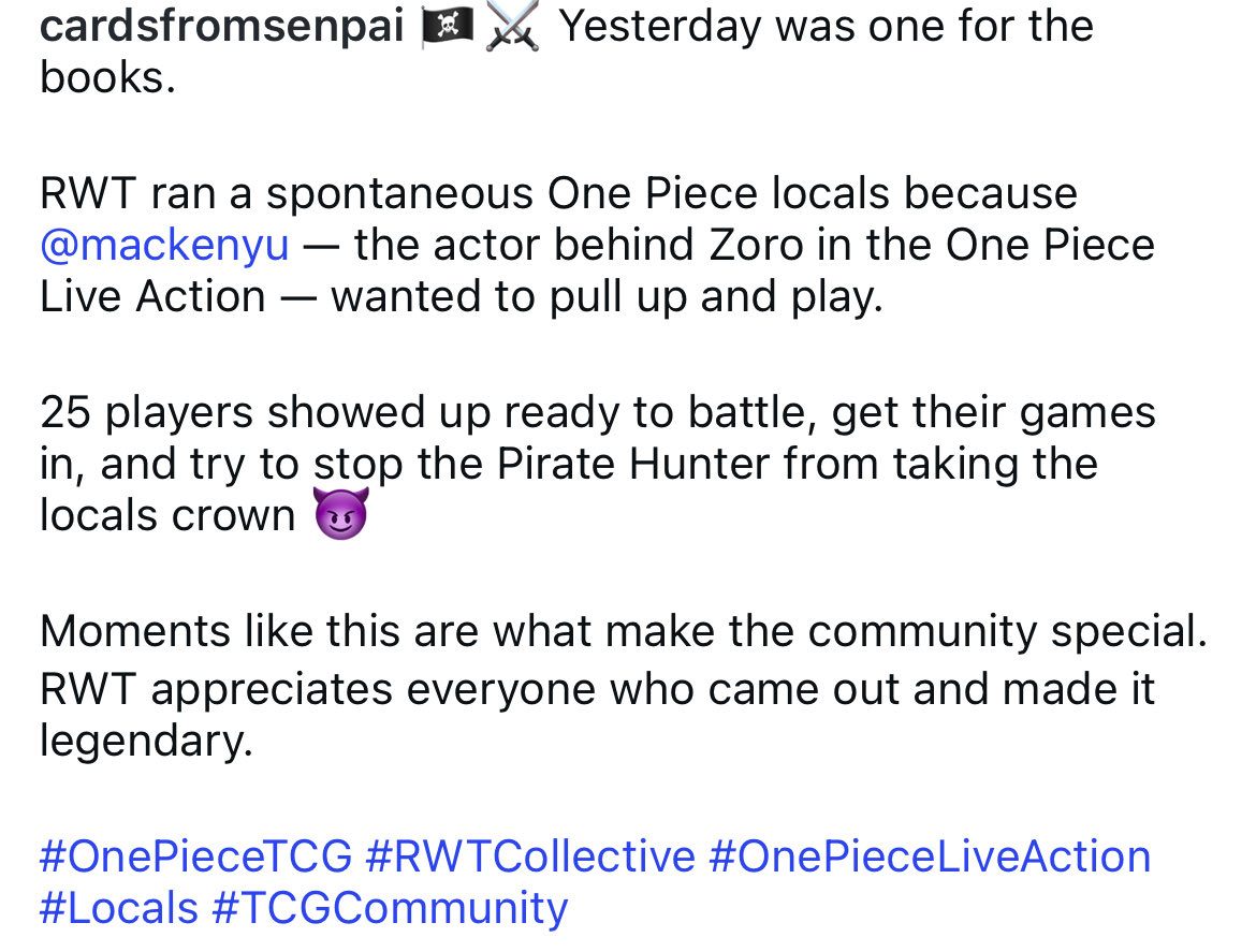Mackenyu really pulled up to <a href="/RWTCollective/">RWT Collective</a> and assembled local OPTCG players for a spontaneous tournament. Bro be doing whatever he wants 😂

Image from cardsfromsenpai on instagram