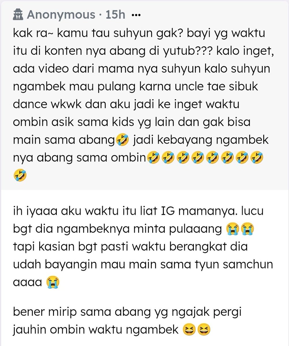 kak ra~ kamu tau suhyun gak? bayi yg waktu itu di konten nya abang di yutub??? kalo inget, ada video dari mama nya suhyun k… — ih iyaaa aku waktu itu liat IG mamanya. lucu bgt dia ngambeknya minta pulaaang 😭😭 tapi kasian bgt pasti waktu berangkat dia … alterspring.org/@cubincle/a/11…