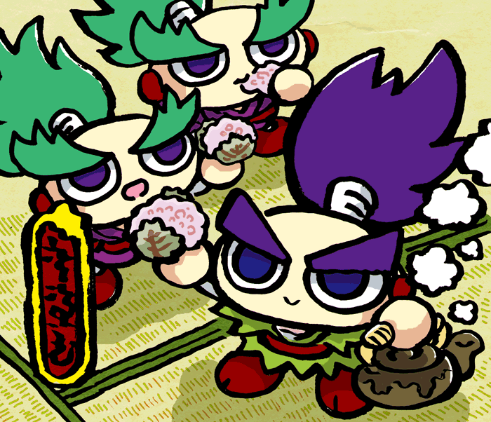 がんばれゴエモンのイラスト描く。さくらもち食べるサスケとからくり