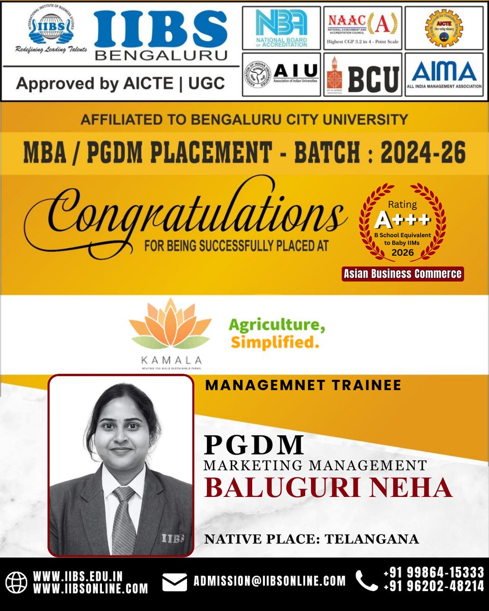 iibsonline's tweet image. Heartiest Congratulations! 🎉

MBA/PGDM Campus #Placement | Batch 2024–26

We are proud to congratulate Baluguri Neha, #PGDM – Marketing Management, on securing a prestigious campus placement at #Kamala Farms as a Management Trainee.

#PlacementSuccess #ProudMoment #PGDM
