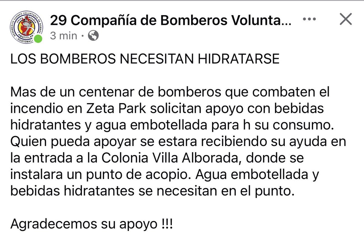 PampichiNews's tweet photo. 🚨🔥 #URGENTE | BOMBEROS NECESITAN HIDRATACIÓN 🔥🚨

Más de 100 socorristas combaten el incendio en Zeta Park y solicitan apoyo con:

💧 Agua embotellada
🥤 Bebidas hidratantes

📍 Punto de acopio: Entrada a Colonia Villa Alborada

Cada botella cuenta. 🙏
#Amatitlán #Apoyo #Bomberos