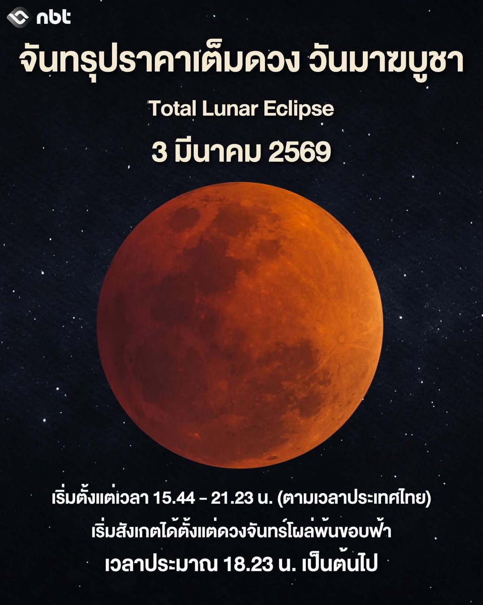 nbt2hd's tweet photo. สถาบันวิจัยดาราศาสตร์แห่งชาติ เชิญชวนประชาชนชมปรากฏการณ์ #จันทรุปราคาเต็มดวง ใน #วันมาฆบูชา 3 มี.ค. นี้ 🌘🌗🌖
🌒เวลาประมาณ 15:44 - 21:23 น. (เวลา ณ กรุงเทพฯ)
#NBT #NARIT https://t.co/tkjpGNhxOQ