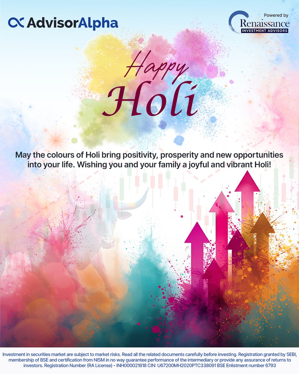 MyAdvisorAlpha's tweet photo. This Holi, may your portfolio shine as bright as the colours of prosperity.

Wishing you growth in wealth, clarity in decisions, and confidence in every investment.

Happy Holi from Team AdvisorAlpha. ✨

#HappyHoli #AdvisorAlpha #WealthCreation #SmartInvesting #FinancialGrowth https://t.co/3aQZYQPcb4