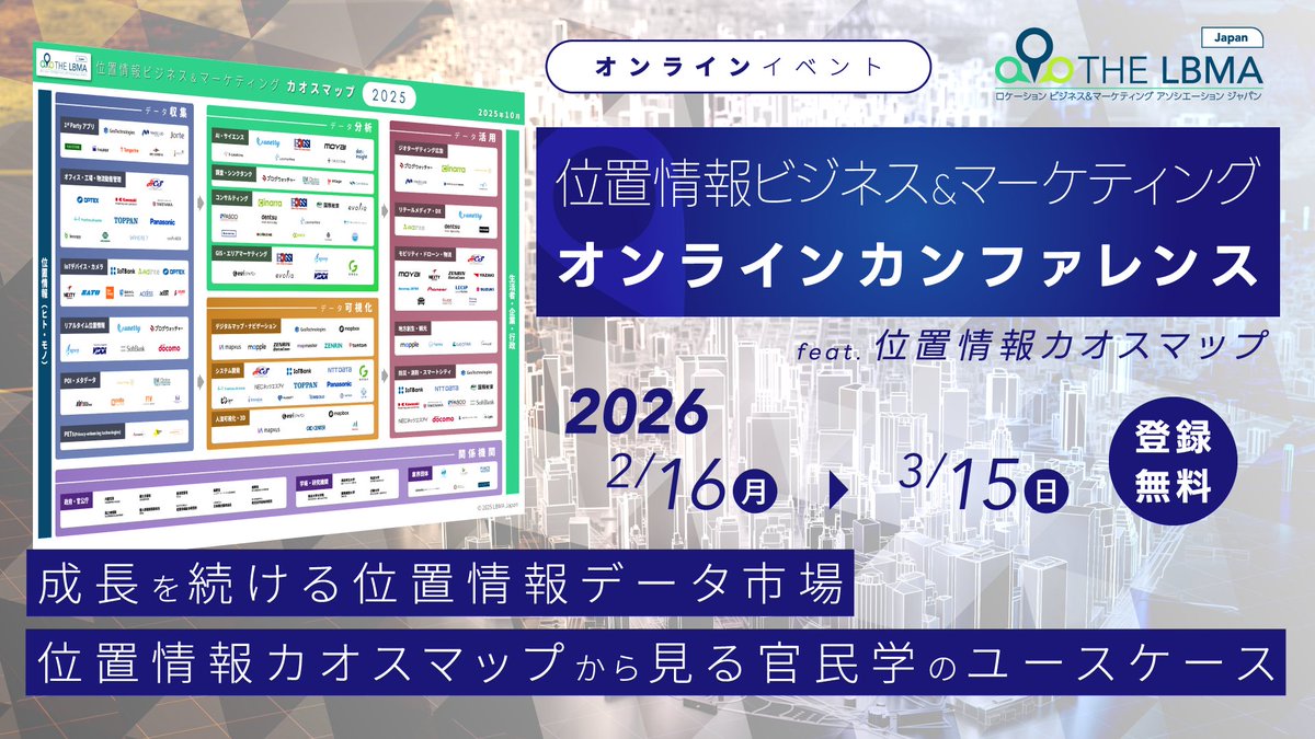 LocationMi90272's tweet photo. ＜視聴無料＞ 位置情報ビジネスの最前線を知る「カオスマップカンファレンス2026」に登壇！

3ヶ月で137団体が導入した、人流分析を「結果」に変える社会実装の形とは？ 「分析の手間ゼロ」を目指すAI観光分析の裏側まで、最新事例を交えて語り尽くします。
【配信】〜3/15(日) 
【詳細】https://t.co/UxnPgIcd0l

#人流データ #観光DX #生成AI #LocationMind