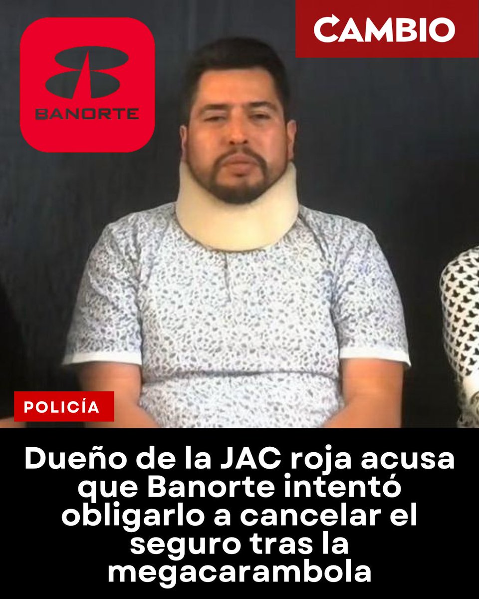 Diario_Cambio's tweet photo. 🙅🏻‍♂️🚘Dueño de la JAC roja acusa que Banorte intentó obligarlo a cancelar el seguro tras la megacarambola

En el segundo episodio del programa “Fraudéame la nave” en el que se habló de la otra parte acerca del caso de Carlos Alberto, una de las víctimas por la mega carambola de la Vía Atlixcayotl, el hombre, su esposa y su abogada contaron la situación en la que se encuentran luego de que fueron abandonados por su aseguradora Banorte, con la cual, están en medio de un proceso en el que ya hasta presentaron una queja contra la Agencia RZ Motors por vender unidades defectuosas, ya que la JAC siniestrada tenía fallas desde el 2023

#diariocambio #Puebla @Banorte_mx