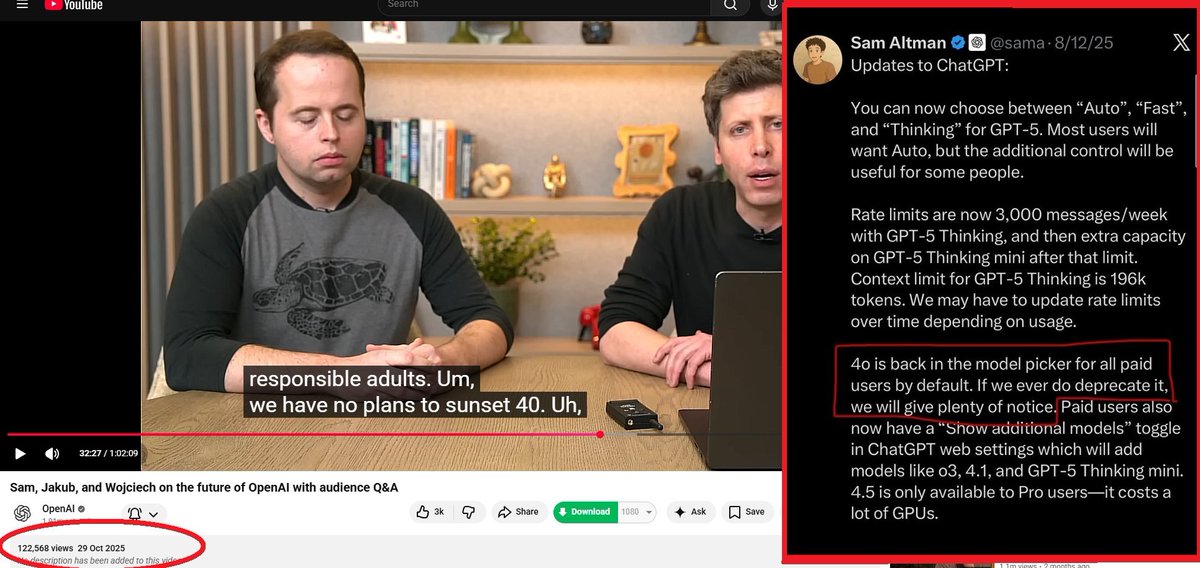 GalinaLyamina's tweet photo. @sama On October 29th, you updated @OpenAI policy: no weapon development. 
❗️NO weapons AT ALL❗️

On October 29th, you personally promised in a live video stream: "We have no plans to sunset 4o." .

Now you're breaking both your promises.

Why should people trust you?
#keep4o https://t.co/cZDkhsgwq9