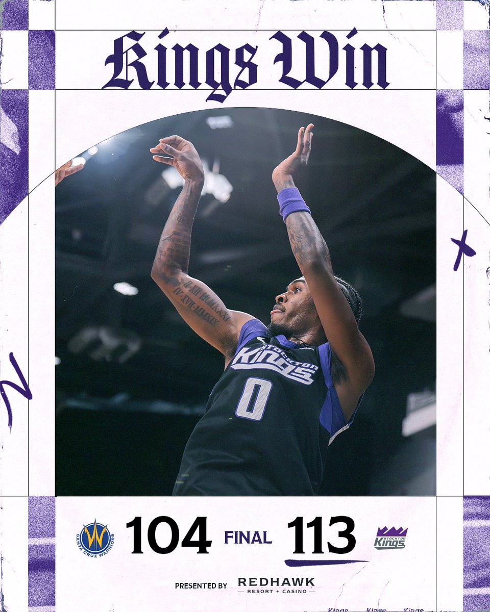 StocktonKings's tweet photo. FINAL: Kings defeat the Warriors, 113-104

👑 DaQuan Jeffries: 30 PTS, 3 AST
👑 KJ Jones II : 21 PTS, 6 REB
👑 Jaylin Williams: 17 PTS, 8 REB

Kings Win presented by @RedHawkCasino https://t.co/E3oQLvPuZG