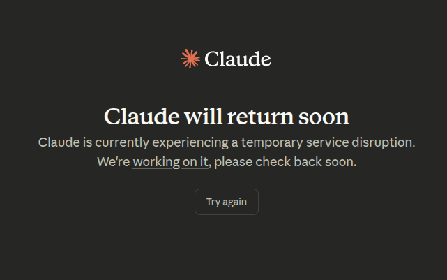 aakash4dev's tweet photo. Claude decided to take an unexpected mid-week nap today. 😴 Anyone else getting the "will return soon" screen? #ClaudeOutage #Anthropic #claude https://t.co/ZWBd5if4M0