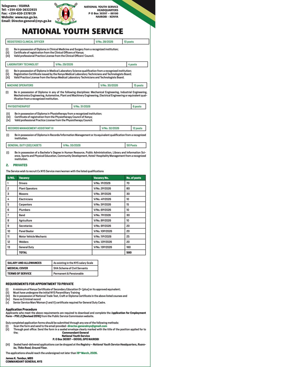 MyGovKe's tweet photo. ADVERTISEMENT FOR RECRUITMENT OF PRIVATES AND CADETS INTO THE NATIONAL YOUTH SERVICE @NYS_Ke https://t.co/5q4PYg62GO